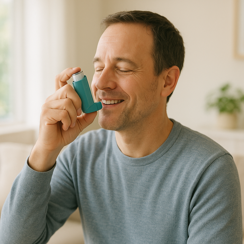 Adult using an inhaler with ease in a bright, comfortable room — asthma treatment