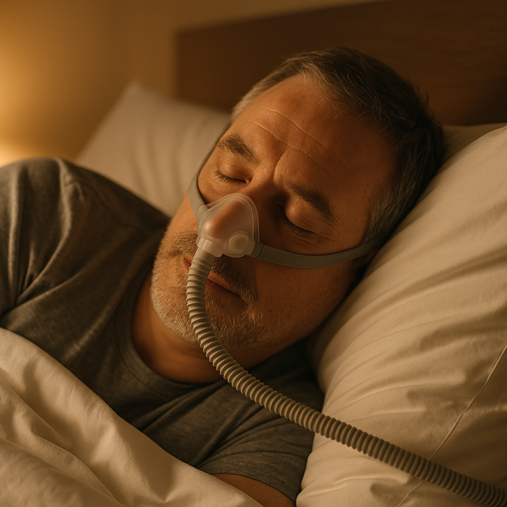 Person sleeping comfortably with a nasal CPAP mask in a cozy bedroom — CPAP therapy