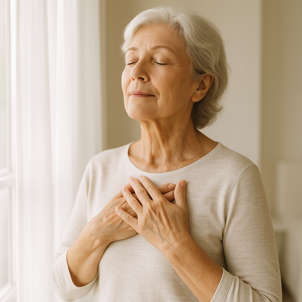 Person taking a peaceful deep breath near a sunny window — interstitial lung disease care